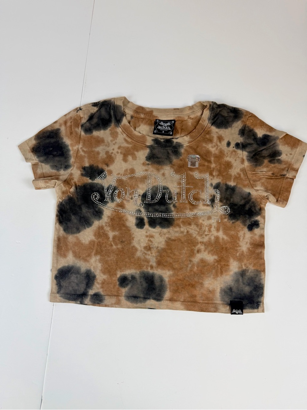 Von Dutch Tie-Dye Crop Tee - Brown & Black with Rhinestone logo NWT Y2K